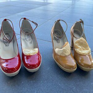 Two pairs of vintage TOD'S  high heel platform pumps, Red & Tan, Size 5.5